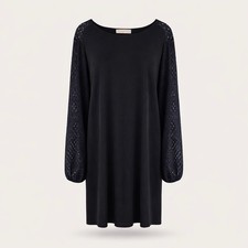 Michael Kors Black Knit Dress Lace Sleeves Stretch Goth Simple Minimal Midi L