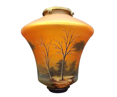 Unique French Iridescent Hand Painted Hanging Art Glass Shade w/Fitter
