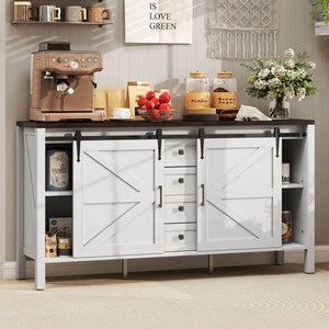 HOMCOM Farmhouse Sideboard Buffet Cabinet with Sliding Barn Doors White
