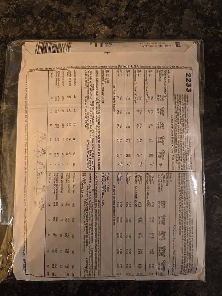 McCalls 2233 HALLOWEEN Chef Uniform COSTUME Shirt Apron Jacket Hat Pant 42 44 LG - Image 2 of 2