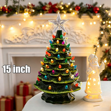 15" Pre-Lit Hand Painted Green Ceramic Christmas Tree Tabletop Decor with Lights