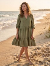 Bella Umbra Size M Green Linen Dress Lagenlook Boho Cottagecore Made In Italy