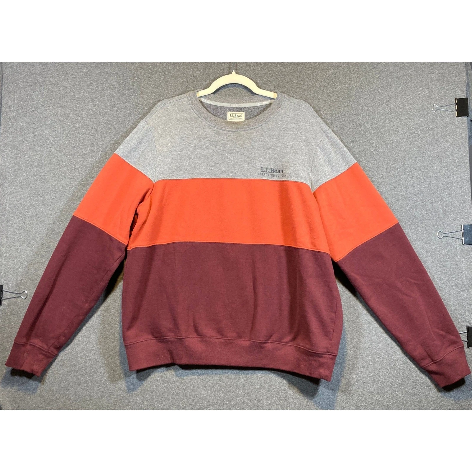 LL Bean Mens Large Tall Colorblock Crewneck Sweatshirt Grey Orange Burgundy