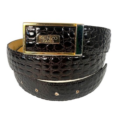 Renzo Paris Mens Belt US 36-38 Croc Embossed Calfskin Black Gold Buckle France