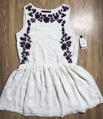 Zara Basic M Hand Made Tank Top Dress White w Red Floral Embroidery Slip On NWT