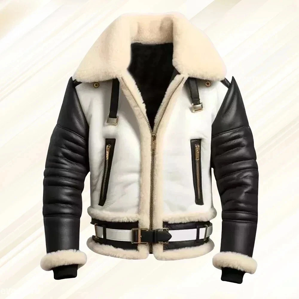 Men's Aviator RAF B3 Bomber Sheepskin Genuine Leather White Flight Coat