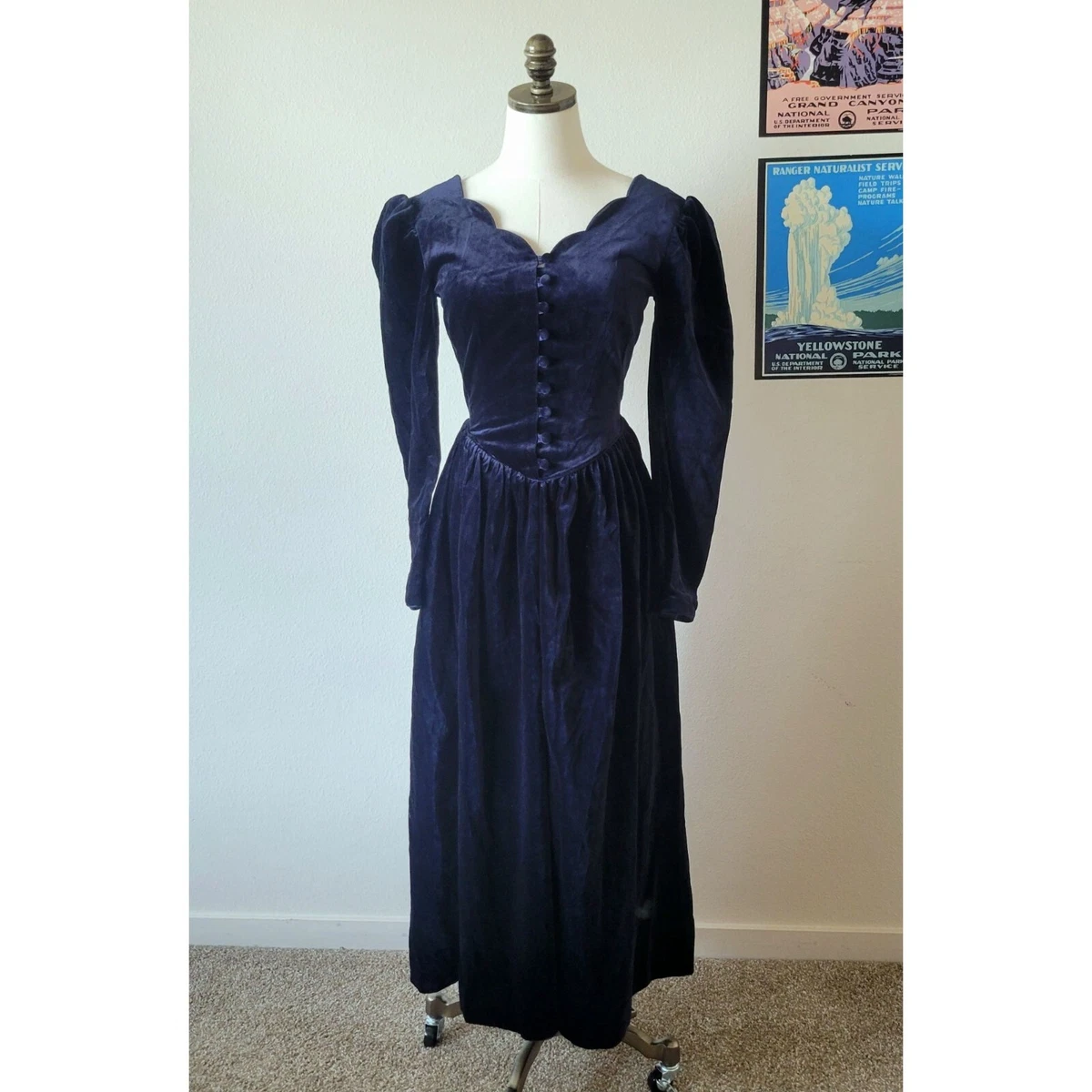 Vintage 90s Laura Ashley Long Sleeved Button Up Blue Velvet Dress