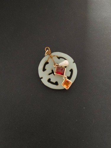 Vintage Pendant carved green jade fresh water pearl wire wrap garnet citrine - Picture 2 of 8