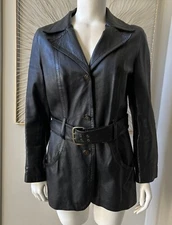 Vintage 1960s 1970s CAROL BRENT Black Leather Belted  JACKET COAT Size 12