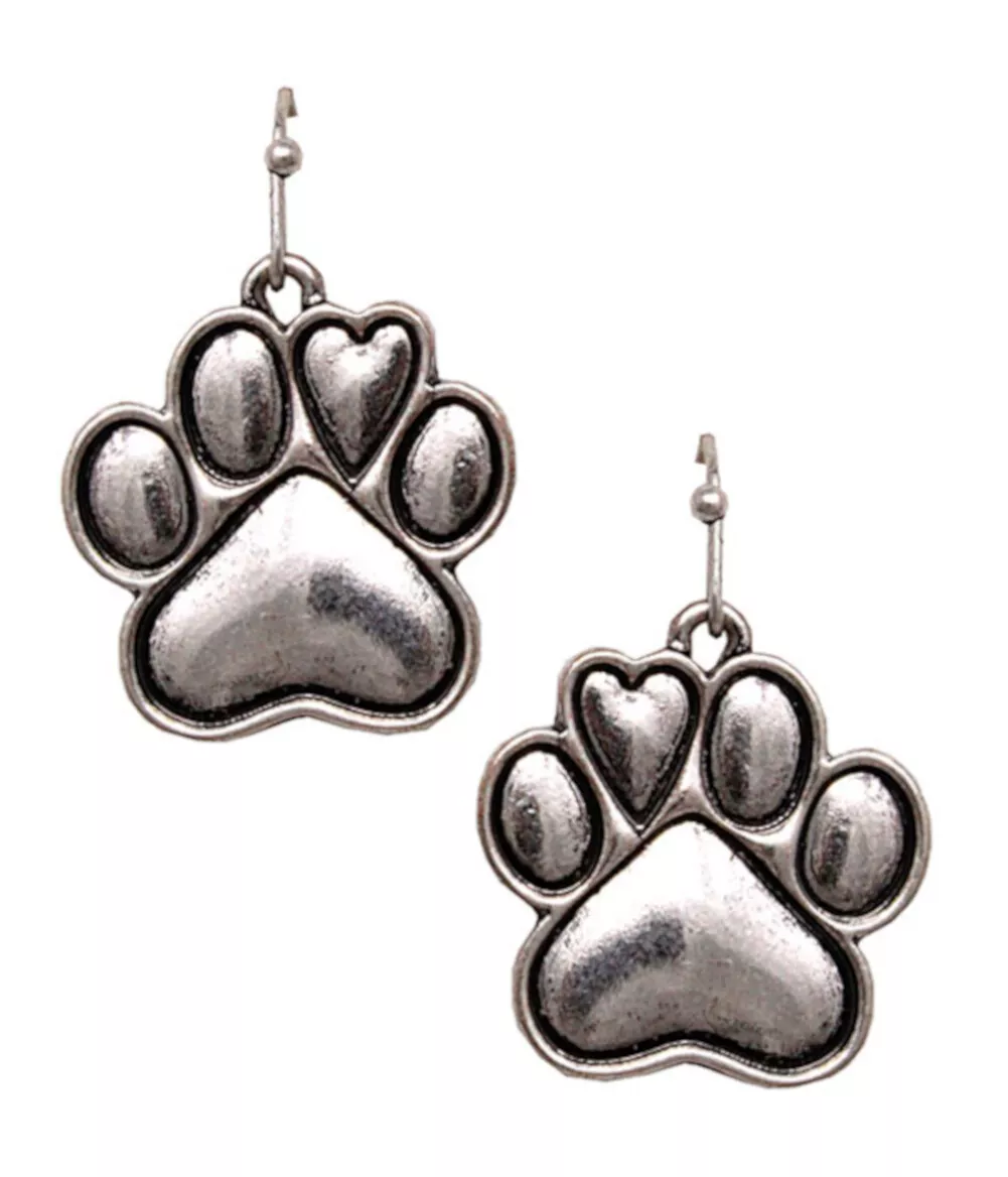 Paw Print Earrings Distressed Silver Tone Dangle Embossed Love