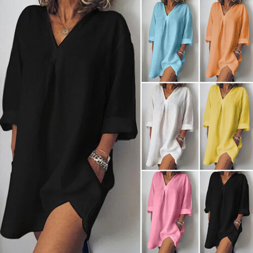 Womens Casual Loose T Shirt Tops Plus Size V Neck Long Sleeve Blouse Tunic Dress - Picture 1 of 14