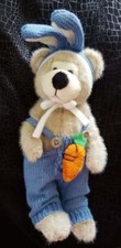 Vintage Hugfun Plush Beige Teddy Bear In Blue Knit Sweater Outfit Jointed Stuffe