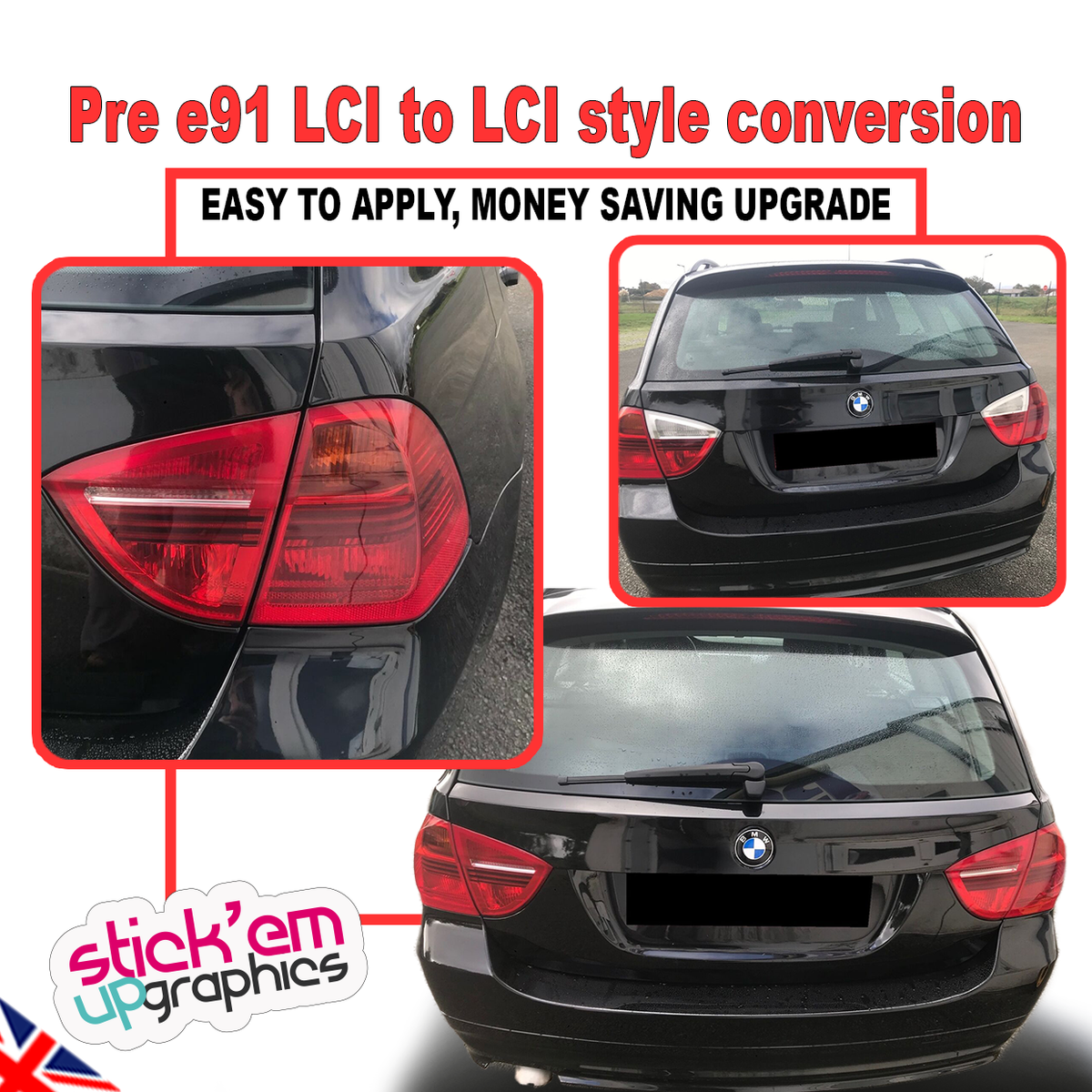 2x BMW E90 LCI Style Red Reverse Light Overlays - Glossy Adhesive Film, Rear Upgrade