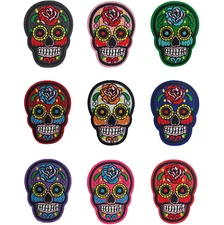9pc Patch Set Sugar Skull Embroidered Iron on Sew Applique Dia de los Muertos