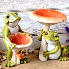 2 Pc Set Garden Frogs Red Mushroom Classic Gift Garden Yard Patio Accent 10" H