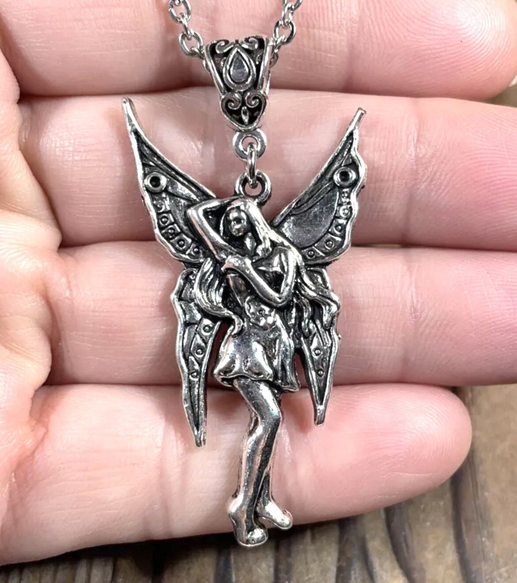 Fairy Pendant necklace silver tone 18” stainless chain | eBay