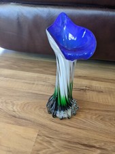 Hand Blown Art Glass 8" Blue/White/Green Vase
