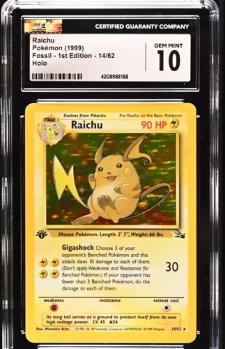1999 Pokemon Raichu Fossil 1st Edition Holo 14/62 Cgc 10 Gem Mint!