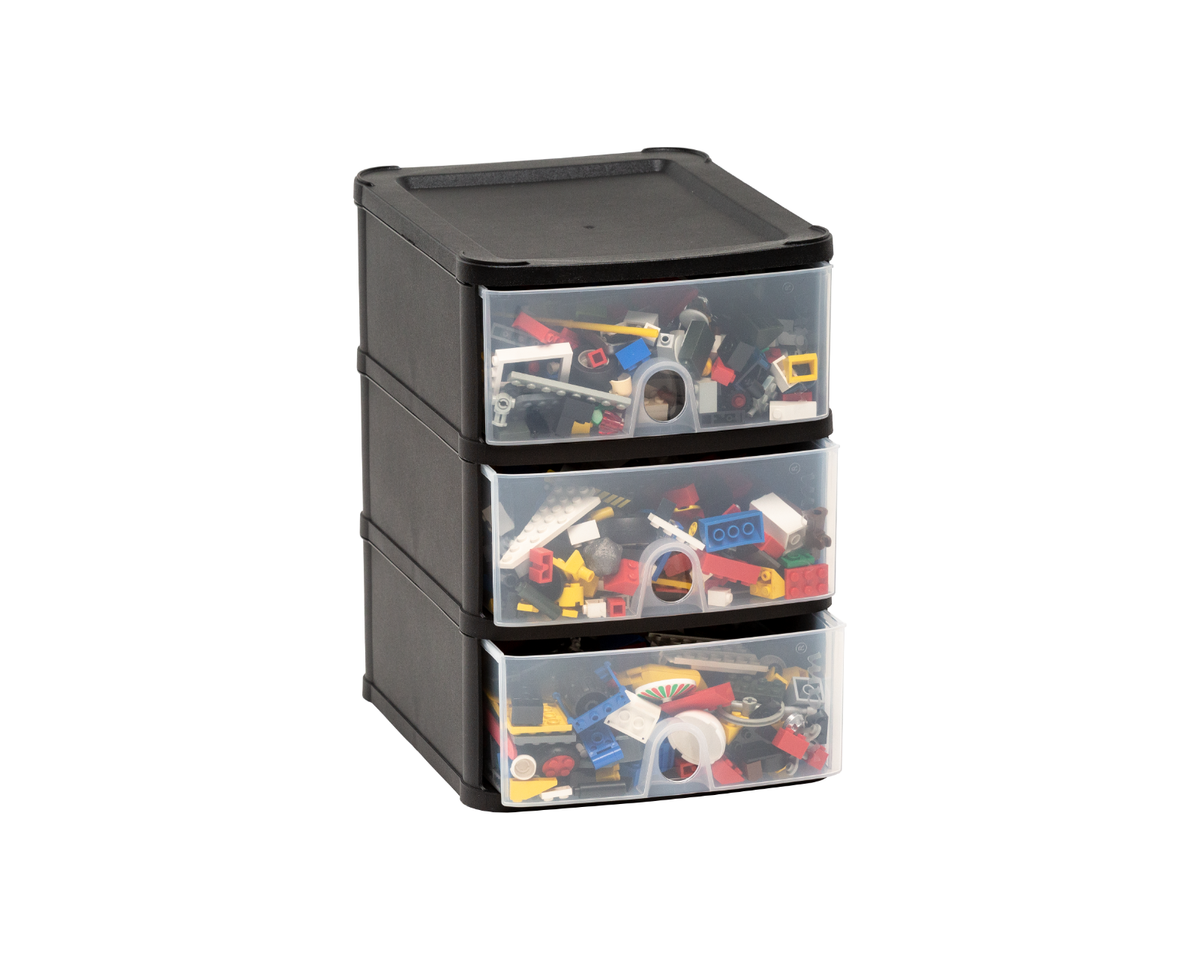WHAM 3-Tier Plastic Drawer Storage Tower – Black, Free Standing, 9L Capacity, Home Office Organizer