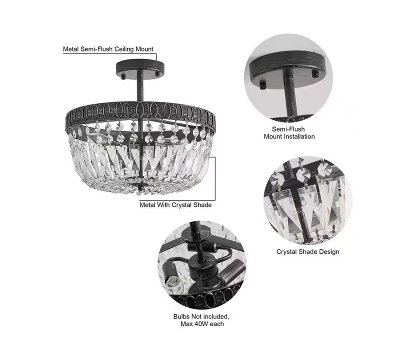 NEW Parrot Uncle 14" 3 Light Brushed Black Semi Flush Mount Crystal Chandelier. - Image 2 of 3