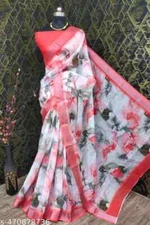 New Linen Cotton Sari With Unstitched Blouse Piece Party Wedding Wear For Women