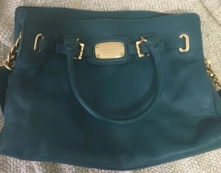 Borsa a mano Michael Kors Hamilton East West in pelle verde acqua