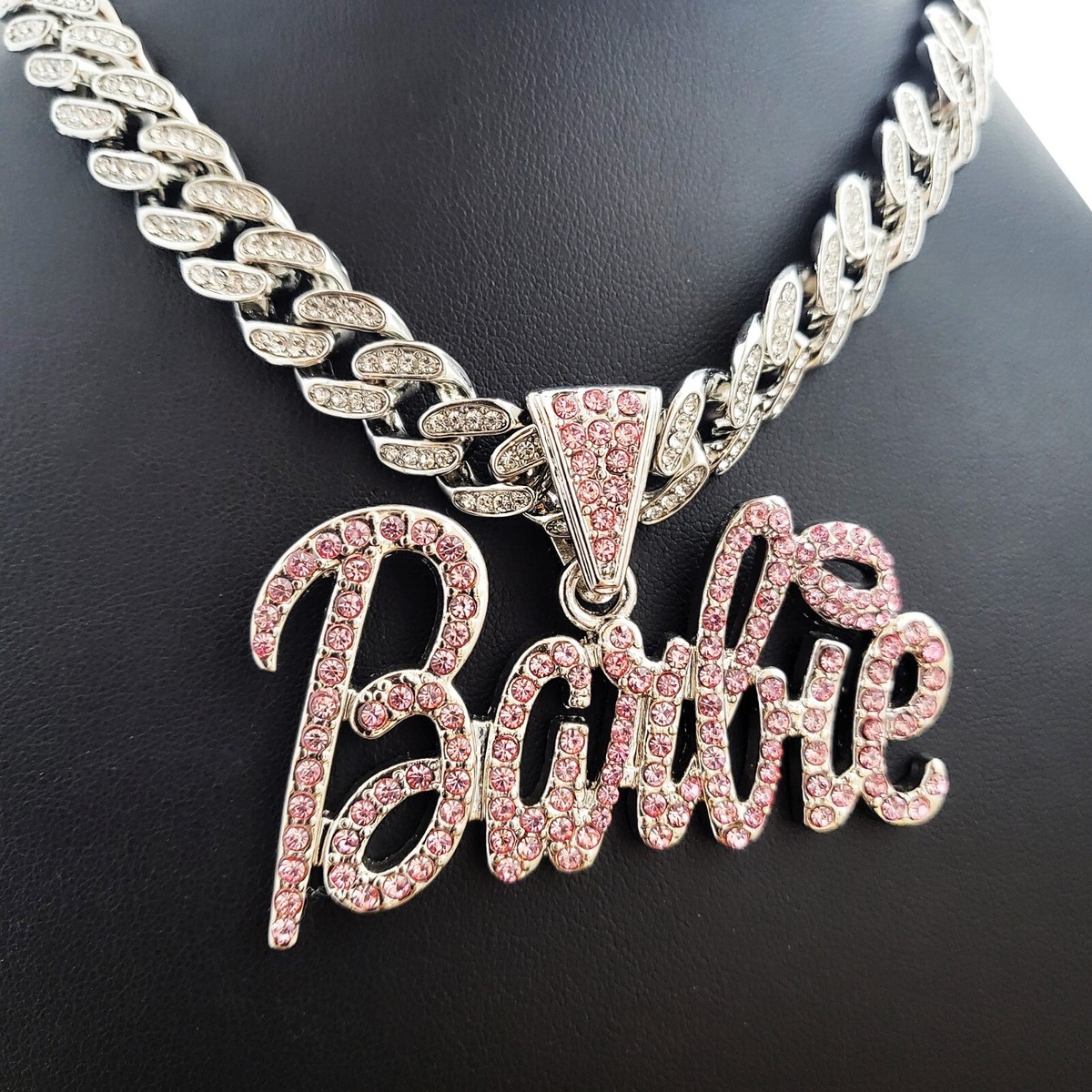 Women Silver Plated Pink Barbie Charm Iced Cubic Zirconia Cuban