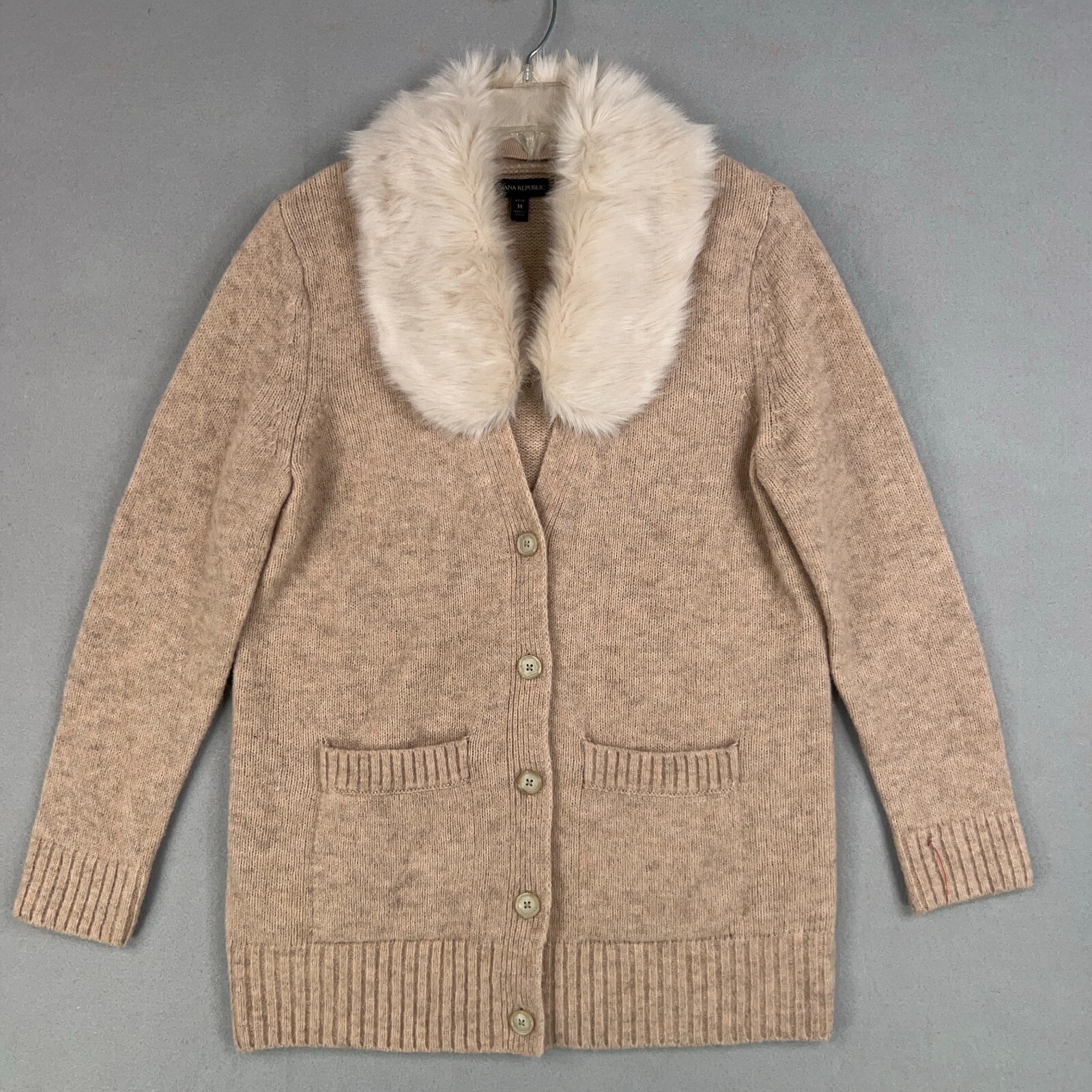 Banana Republic Womens Medium Petite Tan Merino Wool Blend Faux Fur Sweater