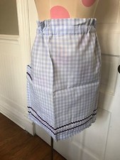 VINTAGE LADIES' BLUE  WHITE GINGHAM CHECK HALF APRON WITH PURPLE RICK RACK TRIM