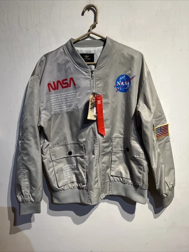 NWT Men NASA Logo Spellout Asstseries Bomber Flight Jacket Med Reflective Gray video thumbnail