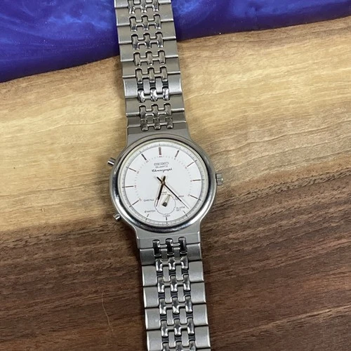 Vtg Seiko Men 8M25-7000 Chronograph Two Tone Quartz 34mm Watch 8”