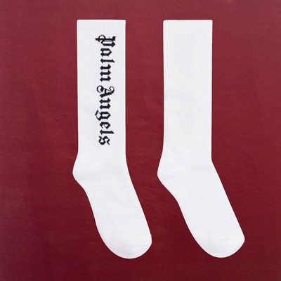PALM ANGELS WHITE GOTHIC LOGO COTTON-BLEND UNISEX CREW SOCKS SIZE S/M