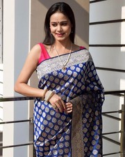 100 Pure Katan Silk Banarasi Handloom Blue Zari Woven Saree Sari Fabric