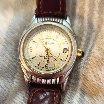 Wrangler Women s Quartz Analog Watch White Dial Date Silver Case Brown Leather