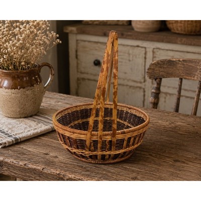 Vintage Two Tone Wicker Basket Round Handwoven Arched Handle 12x9x9 Brown