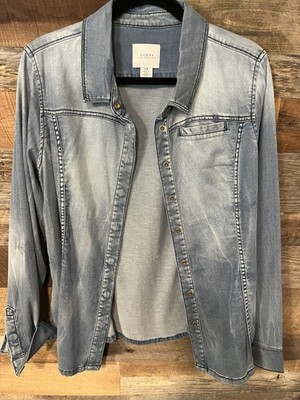 Guess Women s Denim Button Down Chambray Long Sleeve Roll Up Cuff Shirt Large