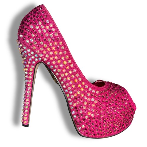 Jeru Rhinestone Platform Heels Open Toe Stiletto Fuchsia Pink Size 10 - Picture 11 of 13