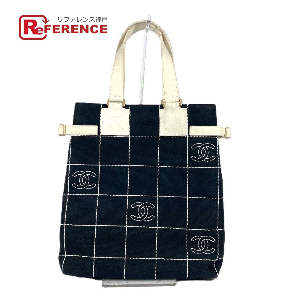 Chanel CC Bicolor Vertical Logo Tote Bag Black Canvas Shoulder Bag Pre-Owned