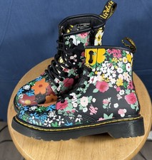 Dr. Martens Youth 1460 Black Floral Mash Up Leather Lace Up Combat Boots Size 1
