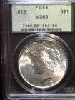 1923 PEACE DOLLAR PCGS MS63 nice coin