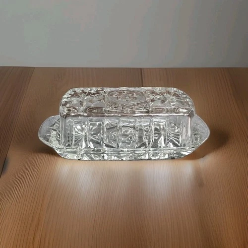 VINTAGE ANCHOR HOCKING EAPC STAR OF DAVID GLASS BUTTER DISH WITH LID