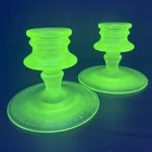 Fenton Candlesticks 4" Pair Green Uranium Iridescent Finish Art Deco Roaring 20s