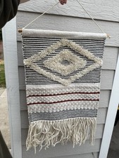 Bohemian Geometric Woven Wall Hanging Tapestry, Black/White/Beige, Fringe