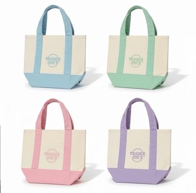 Trader Joe s Mini Pastel Canvas Tote Bags Set of 4 Blue Pink Purple Green NEW