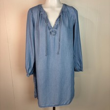 Old Navy Shift Dress Small Blue Chambray Tie-Neck Long Sleeves Casual Women's