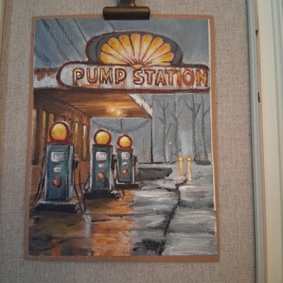 5x7  painting retro gasoline station titled pumping station  by Stacy singleton