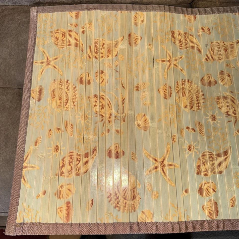 Vintage Bamboo Roll-Up Mat with Nautical Seashell Pattern 34”x21” Bathroom May - Image 4 of 4