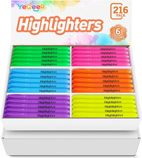 Highlighters, Chisel Tip Dry-Quickly Highlighter Markers, 216 Count-6 Assorted C