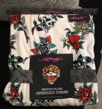 ED HARDY Edgy Tattoo Printed Oversized 60 x 70 Plush Throw, NEW