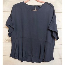 Topshop Navy Blue Peplum Blouse Short Flutter Sleeve Crochet Detail Size US 8